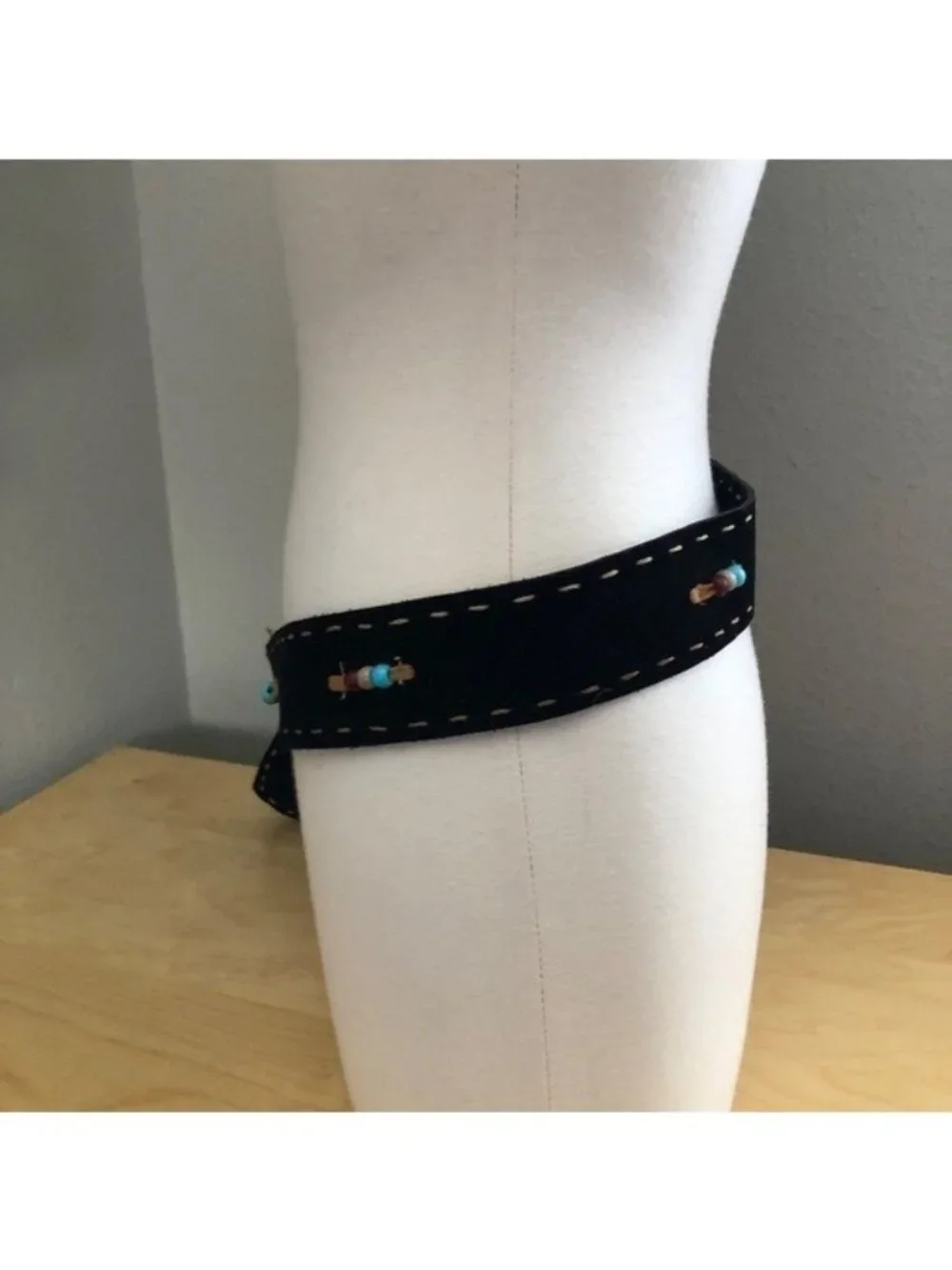 Hand Crafted Beaded Suede Leather Belt O/S Black Silver Festival Coastal Cowgirl